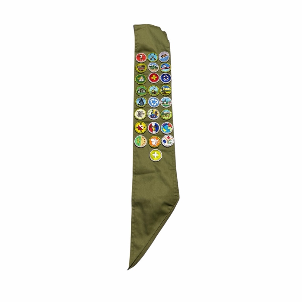🪶 Vintage Boy Scouts Merit Badge Sash 🏕️ 25 Badges Olive Green Canvas 🪶